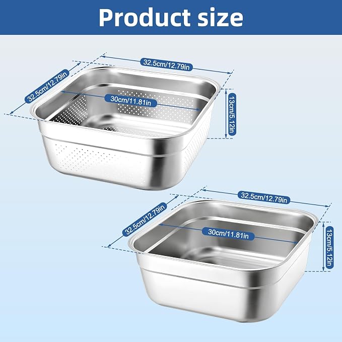 2-in-1 Stainless Steel Washing Up Bowl Set, 12.8" Sturdy Square Dish Tub with Colander, Fruit Vegetable Washing Basin for Sink, Food Grade Dishpan for Draining Rice, Pasta, Food Strainer Mixing Bowl - Image 2