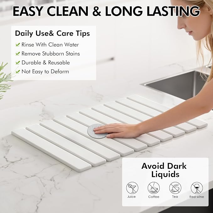 4 Pcs Stone Dish Drying Mat Set, 24''x16'' Large Super Absorbent Diatomaceous Earth Stone Drying Mat Faucet Mat with 2 Coasters, Collapsible Quick Dry Mat for Kitchen Counter Dishes - Image 5