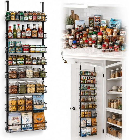 Pantry Door Organizer, 9-Tier Over The Door Pantry Organizer for Kitchen Pantry Storage, Adjustable Metal Hanging Spice Rack with 9 Baskets for Pantry Kitchen Bathroom Laundry Room Closet, Black by Unknown