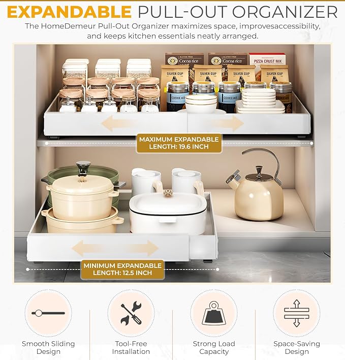4pack Pull Out Under Sink Organizer – Expandable Sliding Cabinet Shelf for Kitchen, Bathroom, Pantry – Heavy Duty Metal Storage Rack for Cleaning Supplies and Bottles (White, 12.5-19.6 x 21 Inch) - Image 2