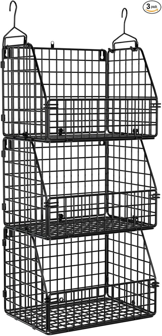 PUPPYCUTE Stackable Wire Storage Baskets for Kitchen Closet Pantry, Hanging Closet Organizers Storage Shelves Organization, Wall Mount Metal Basket Bins, Clothing Vegetable & Fruit Organizer 3 pcs by PUPPYCUTE
