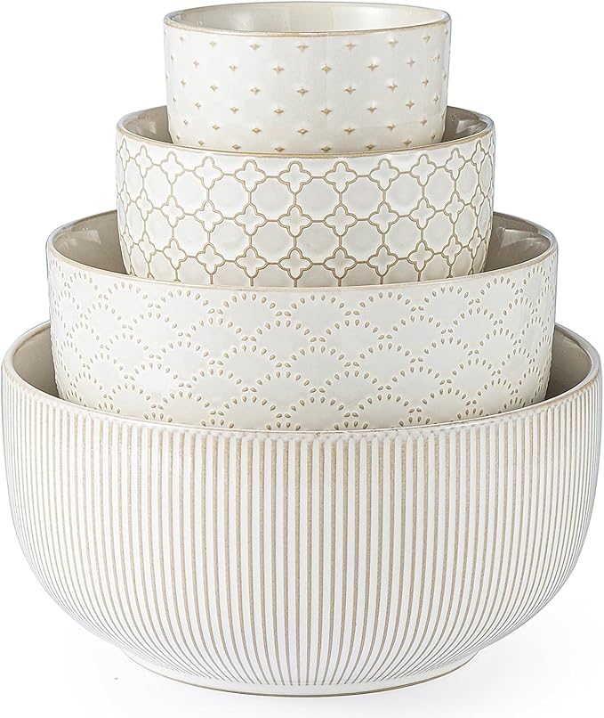 Mikiegy Ceramic Mixing Bowls Set of 4, Nesting Ceramic Embossment Stoneware Mixing Bowls for Cooking, Serving, Popcorn, Salad etc, Microwave & Dishwasher Safe, 20/44/98/145 oz, Off-White by MIKIGEY