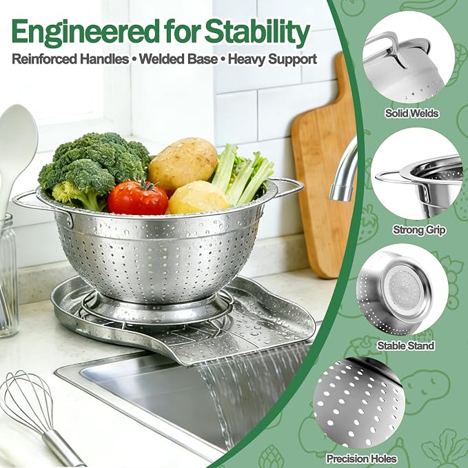 Strainers and Colanders for Kitchen, 3-Piece Stainless Steel Set Pasta and Rice Strainer with Handles, Raised Draining Base for Easy Counter Use (7”, 9”, 11”) - Image 3