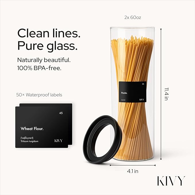 KIVY Airtight glass jars with transparent Glass Lid [2x 60oz] Glass airtight food storage containers - Pasta containers storage - Spaghetti container - Pasta containers for pantry flour Jar - Image 2