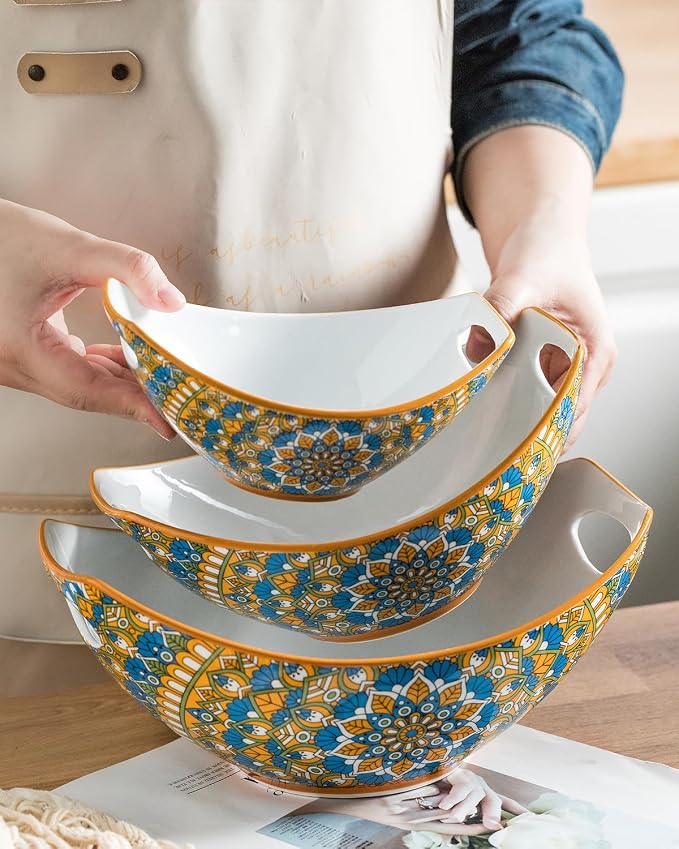 LAUCHUH Serving Bowls with Handles, Bohemian Porcelain Serving Dishes | Mixing Bowls for Entertaining Colorful Nesting Bowls Salad Bowls for Kitchen, Thanksgiving, Set of 3, 15/28/49 oz, Blue & Red - Image 6