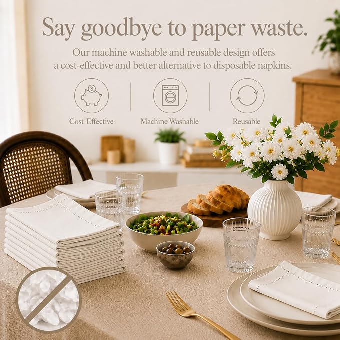 Cotton Cloth Napkins Set of 12, 18x18 Cotton Napkin Cloth Washable, Soft, Reusable Napkins for Wedding, Parties, Christmas, Thanksgiving, Everyday Use (Off White) - ALPHA Living HOME - Image 3