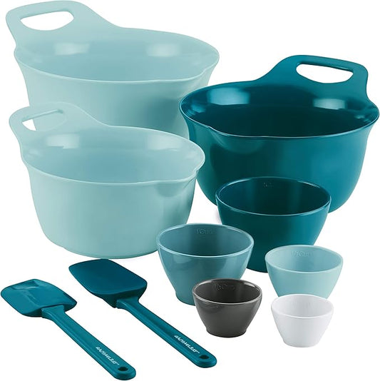 Rachael Ray Tools and Gadgets Mix and Measure Cooking / Baking Prep Set with Mixing Bowls, Measuring Cups, and Tools - 10 Piece, Light Blue and Teal by RachaelRayKitchenware