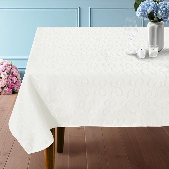 White Fabric Table Cloth Rectangle, 1PC Washable Tablecloth 60"x84" (Seats 6-8) - Cotton Polyester - Wedding Table Cloths for Reception, Reusable Table Cover for Birthday Party, Luxury Bows Jacquard by VOOVAMOVAS