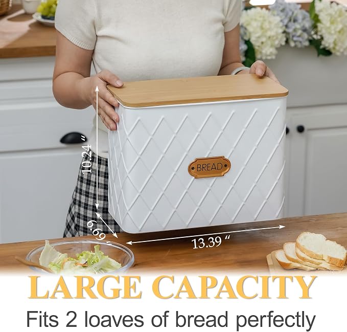 Extra Large Rhombus Pattern Embossed Bread Box with Bamboo Lid | Corner Breadbox for Homemade Bread, White Metal Bread Storage Container Bin for Kitchen Countertop, Fits 2 Loaves of Bread - Image 2