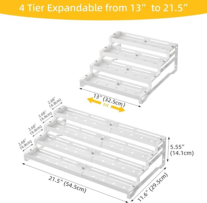 Spice Rack Organizer for Cabinet, 13-21.5" Expandable Spicy Shelf | 11.6" Depth 4-Tier White Metal Seasoning Organizer, Kitchen Spice Organization, Slip-Resistant Guardrails for Jars and Cans - Image 2