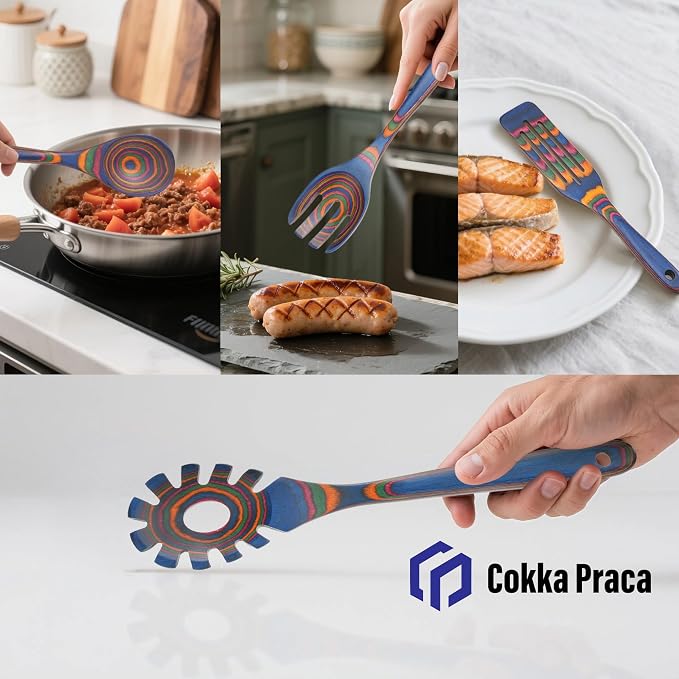 6-Piece Pakkawood Kitchen Utensils | Heat Resistant Wood Kitchen Utensils | Pakkawood Kitchen Cooking Utensil Set | Wooden Spoons for Cooking | Non-Sitck Cooking Spoons | Sapphire - Image 3