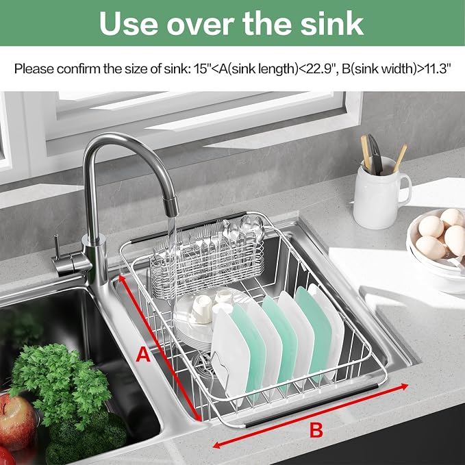 Large Sink Dish Drying Rack, Expandable 304 Stainless Steel Metal Dish Drainer Rack Organizer Shelves with Stainless Steel Utensil Holder Over Inside Sink, Rustproof - Image 4