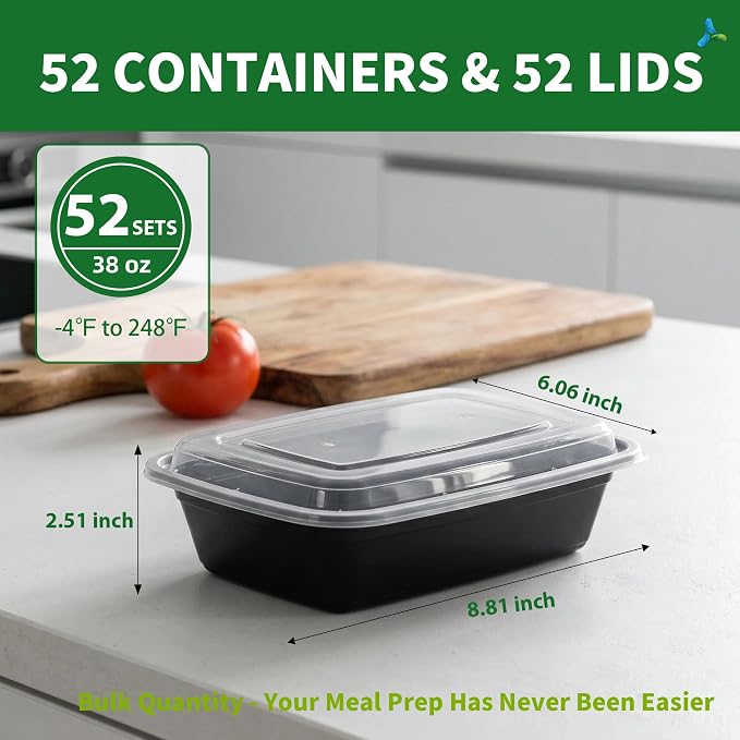38oz Meal Prep Containers, 52 Pack Disposable Food Storage Boxes with Lids | Heavy Duty, Single Compartment, Leakproof Lids, BPA Free, Microwave Freezer Safe, Plastic To Go Bento Boxes for Lunch Takeout - Image 2