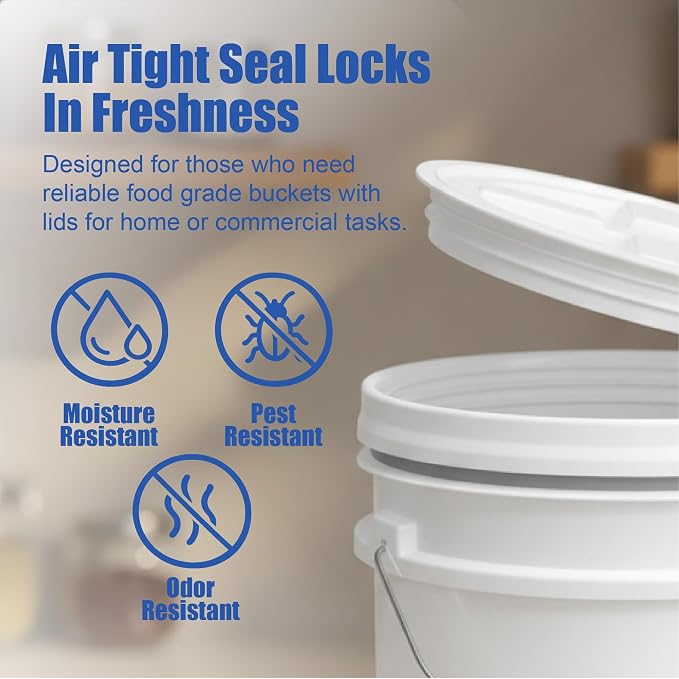 5 Gallon Bucket - Food Grade w/Lid BPA-Free, White/White, 12 | Airtight Gamma Seal Screw-On Lid, Heavy-Duty 90 Mil HDPE Plastic, Food Safe and Durable Container, Bulk Storage, Made in USA - Image 5