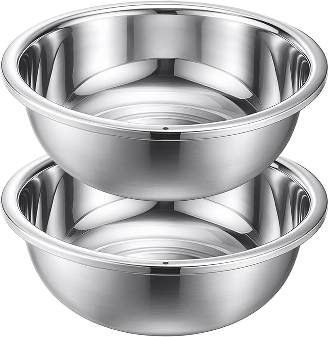 2 Pack 12 Quart 304 Stainless Steel Mixing Bowl Flat Bottom Large Steel Big Prep Mixing Bowl for Salad Kitchen Dish Washing Pan Cooking Baking Meal Home Produce Eater with Hole, 15.7 Inch by Ferrochef