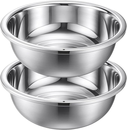 2 Pack 12 Quart 304 Stainless Steel Mixing Bowl Flat Bottom Large Steel Big Prep Mixing Bowl for Salad Kitchen Dish Washing Pan Cooking Baking Meal Home Produce Eater with Hole, 15.7 Inch by Ferrochef