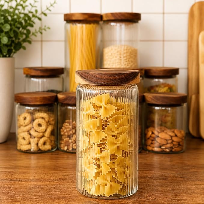Mason & Fable Ribbed Glass Jars with Wooden Lid 27 fl oz- Set of 3 | Airtight Fluted Storage Container for Pasta, Coffee, Candy, Dog Treats, Snacks | Glass Organization Canisters for Home & Kitchen - Image 6