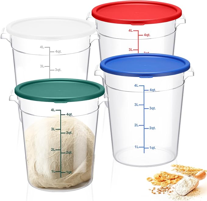4 Pcs 4 Qt Food Storage Container Bucket with Lids Clear Proofing Containers for Dough Rise Bread with Scale Handle Round Flour Commercial Storage Bucket for Home Restaurant Food(Multicolor) by Suclain