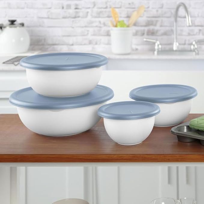 Sterilite Covered Bowl Set, Plastic Nesting Kitchen Mixing Bowls with Pour Spout, Meal Prep Food Storage Containers with Lids, Washed Blue (Set of 18) - Image 3