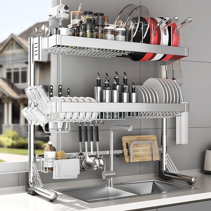Over The Sink Dish Drainer Drying Rack 3 Tier, Full Stainless Steel Dish Drying Rack Adjustable Length 20.9''-37.4'' , Kitchen Sink Shelf, Organized Space-Saving Dish Rack with Pots and Pans Rack by CUISIBOT