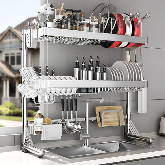 Over The Sink Dish Drainer Drying Rack 3 Tier, Full Stainless Steel Dish Drying Rack Adjustable Length 20.9''-37.4'' , Kitchen Sink Shelf, Organized Space-Saving Dish Rack with Pots and Pans Rack by CUISIBOT