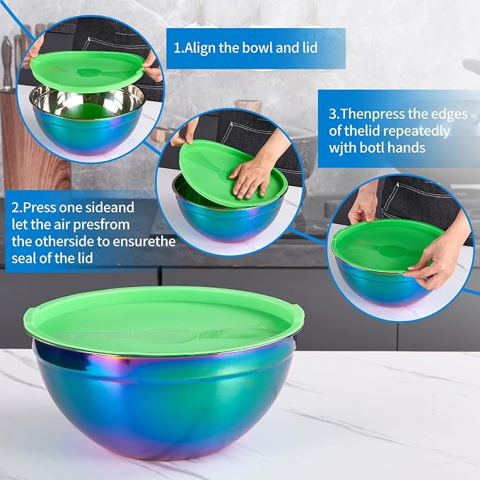 Rainbow Mixing Bowls With Airtight Lids,Stainless Steel Bowl,Salad Bowls 4 Piece Colorful Nesting Bowl Rainbow Kitchen Accessories,Size 5.5,3.6,2.1,1.5 QT Stackable Design - Image 3