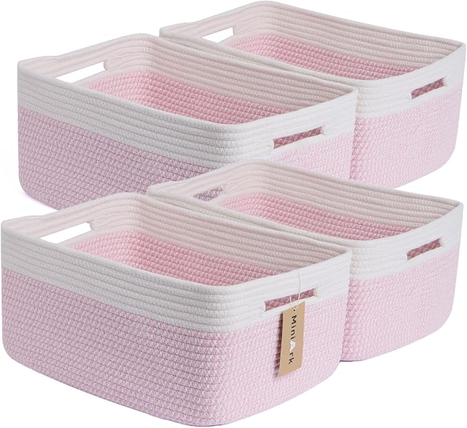 MiniArk Large Storage Baskets for Organizing, 17 x 13 x 7.5” Closet Shelf Baskets for Clothes Blanket Towels, Baby Nursery, Toy Bins Box, Woven Rope Baskets, 4 Packs Woven Pink by MiniArkStorageBasketsHome