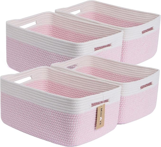 MiniArk Large Storage Baskets for Organizing, 17 x 13 x 7.5” Closet Shelf Baskets for Clothes Blanket Towels, Baby Nursery, Toy Bins Box, Woven Rope Baskets, 4 Packs Woven Pink by MiniArkStorageBasketsHome