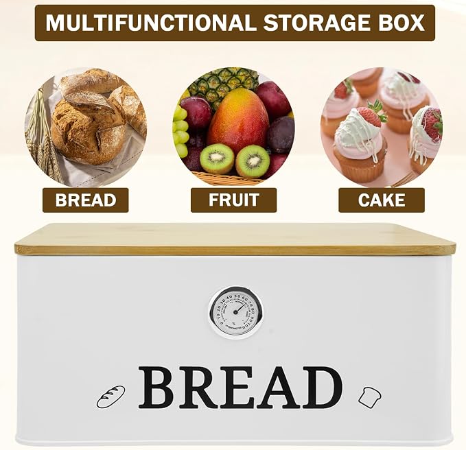 White Bread Box for Kitchen Countertop with Bamboo lid, Hygrometer Kitchen Organizer for Sourdough, Buns, and Loaves, Bread Storage Container - Image 6