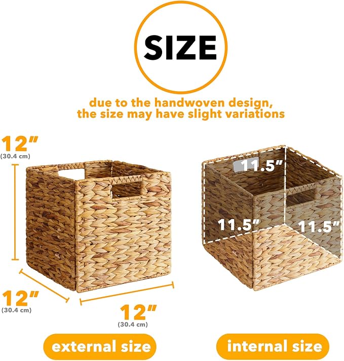 SpaceAid 6 Pack Wicker Basket, Storage Baskets for Organizing, Woven Rattan Basket with Handles for Shelves, Water Hyacinth Large Cube Organizer Storage Bin, 12x12x12 inch, Natural - Image 3