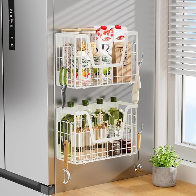 2 Set Magnetic Fridge Shelf, White Magnetic Fruit Basket for Fridge | Potato and Onion Storage Bins, Wire Baskets Magnet Shelves Spice Rack for Refrigerator Laundry Kitchen Organizer and Storage - Image 6