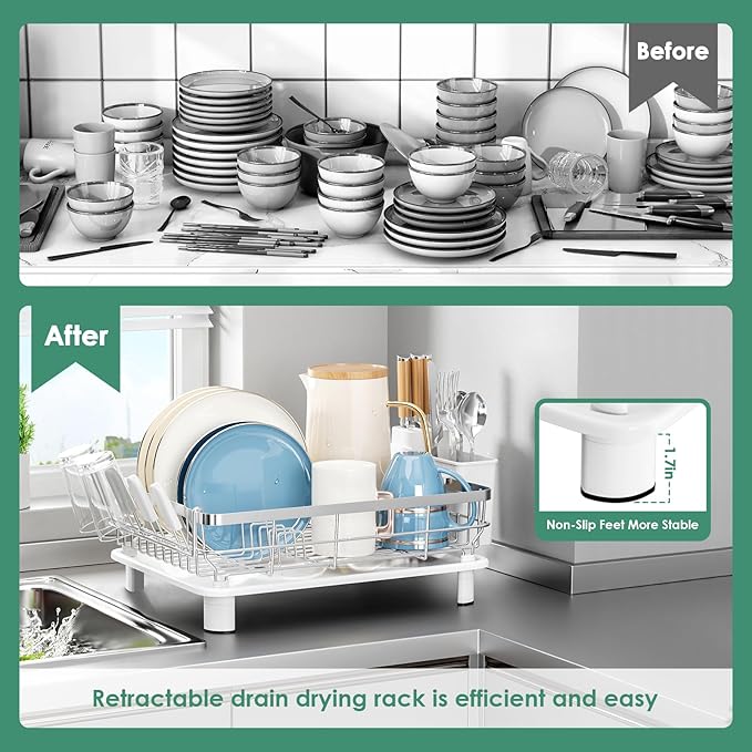 MOUKABAL Stainless Steel Dish Drying Rack for Kitchen Counter, White Silver | 13×17 Large Capacity/Drainboard with Rotating Spout/Removable Cup & Utensil Holders/Fast Drainage/Countertop Dish Drainer - Image 2