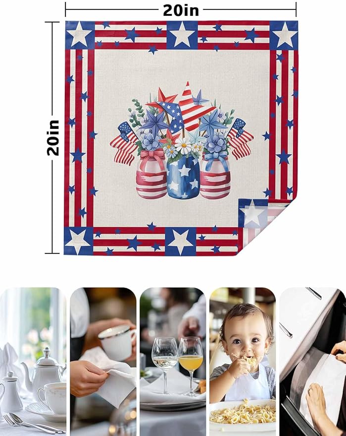 Poppy Flower Patriotic Flag Cloth Napkins Set of 8 - Washable Dinner Napkins Reusable Table Napkins for Home Party Weeding Dining Table Setting Decoration, Independence Day Red Blue Oversized 20"x20" - Image 7