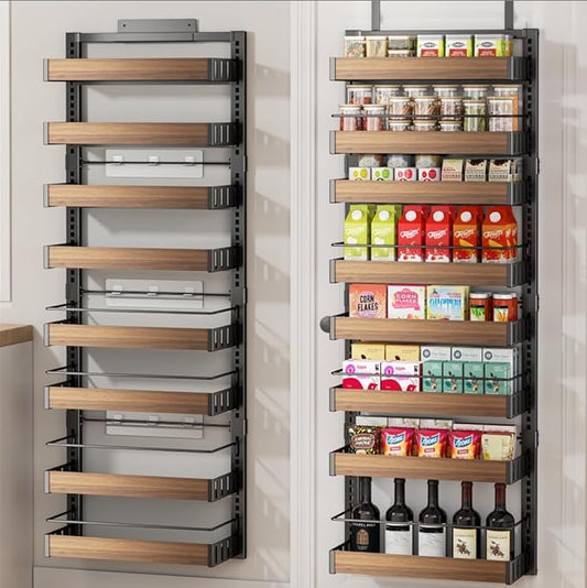 POKIPO 8 Tier Over The Door Pantry Organizer, 2 IN 1 Wall Mount or Hanging Spice Rack Seasoning Shelves with Adjustable Basket, Back of Door Organizer and Storage for Kitchen Cabinet and Room Closet by POKIPO