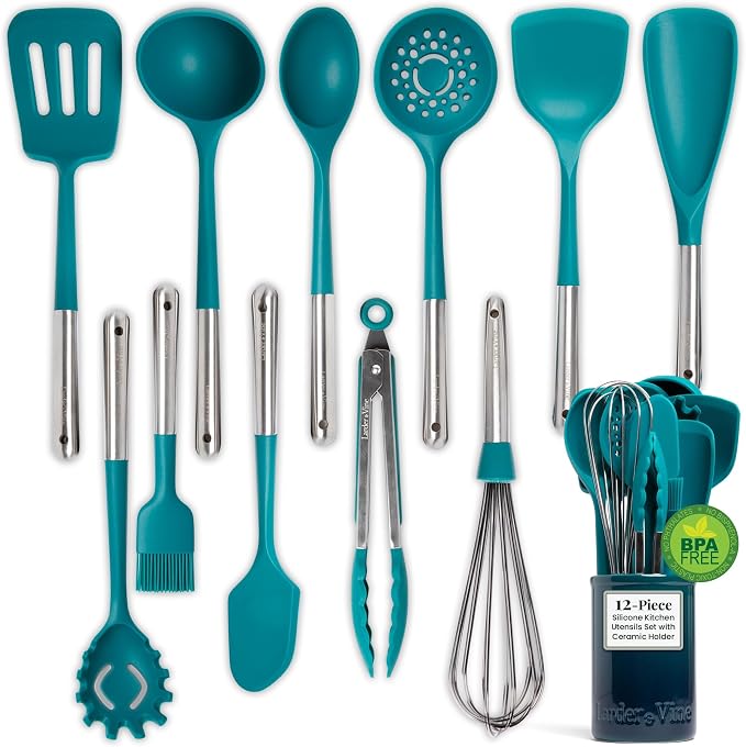 Larder & Vine 12-Piece Silicone Kitchen Cooking Utensils Set with Stainless Steel Handle and Ceramic Holder, Dishwasher Safe Set of Kitchen Essentials (Bondi) by LarderVine