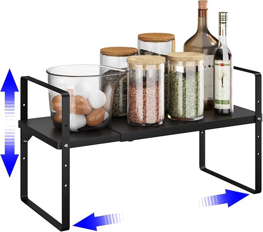 Expandable Cabinet Shelf Organizer, Stackable Kitchen Pantry Counter Storage, Adjustable Closet Cupboard Stand Rack Risers Spice Organization 80LBS Heavy Duty Black Small 1 Pack by KIKIBRO