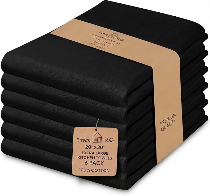 Urban Villa Kitchen Towels Cotton Dish Towels 20”x30” (Set of 6) Black by CottonTrends