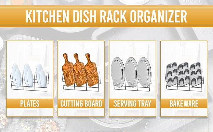 YBM Home Wire Dish Storage Rack for Plates, Cutting Boards, Bakeware, Pots and Pans, Serving Trays, Lids, and Other Cookware, 3 Section Plate Holder for Cabinets and Cupboards, Silver 2552 - Image 4