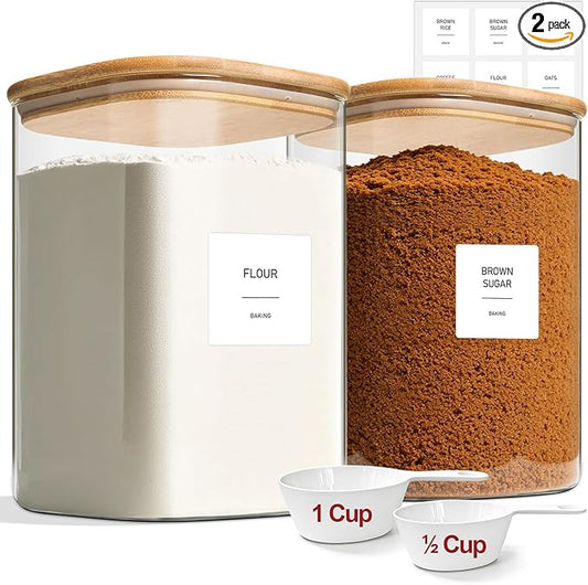 Glass Flour Containers with Lids 1 Gallon 2 Pack Pantry Organization | Wide Mouth, Scoop Included, Flour Sugar Coffee Beans Pasta Cereal Dry Food Storage,Large Capacity,Kitchen Organizer by KTMAMA