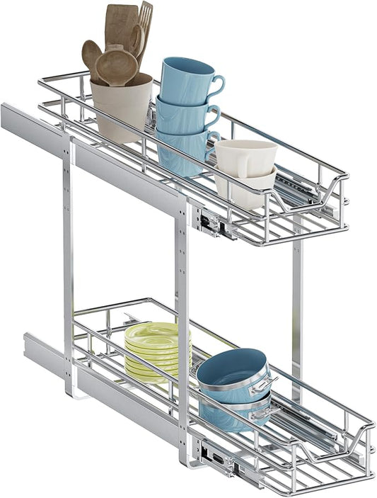 2-Tier Pull Out Cabinet Organizer, 7.5" W x 21.5" D, Heavy Duty Dual Slide Out Shelves for Narrow Base Cabinets, Chrome Wire Basket Drawer for Spices, Bottles & Snacks by Unknown