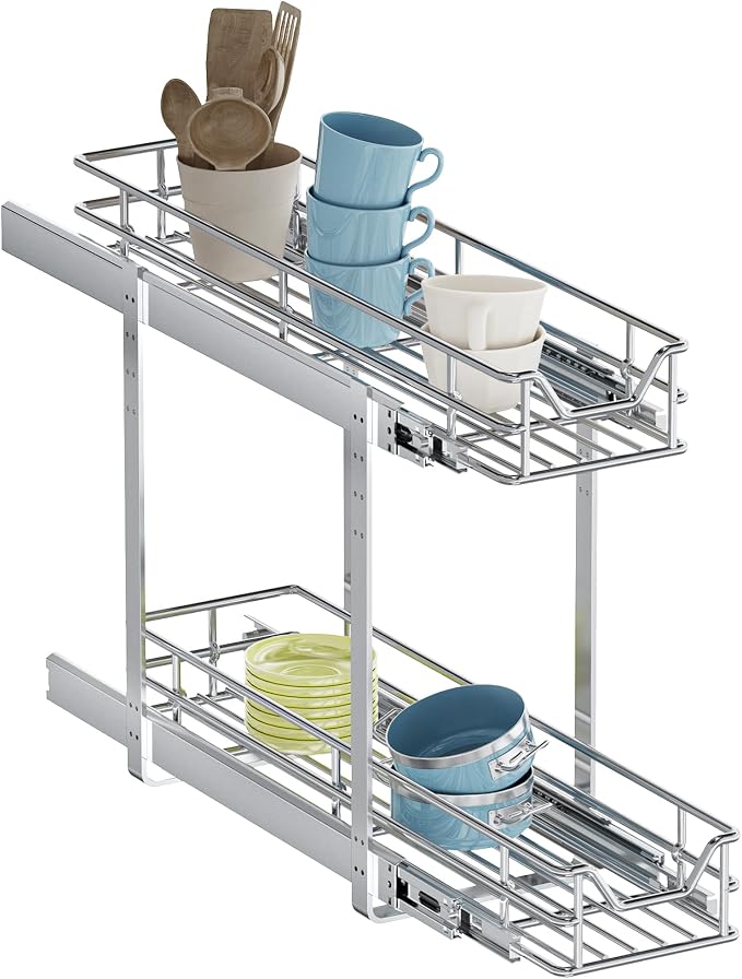2-Tier Pull Out Cabinet Organizer, 5.5" W x 21.5" D, Heavy Duty Dual Slide Out Shelves for Narrow Base Cabinets, Chrome Wire Basket Drawer for Spices, Bottles & Snacks by Unknown
