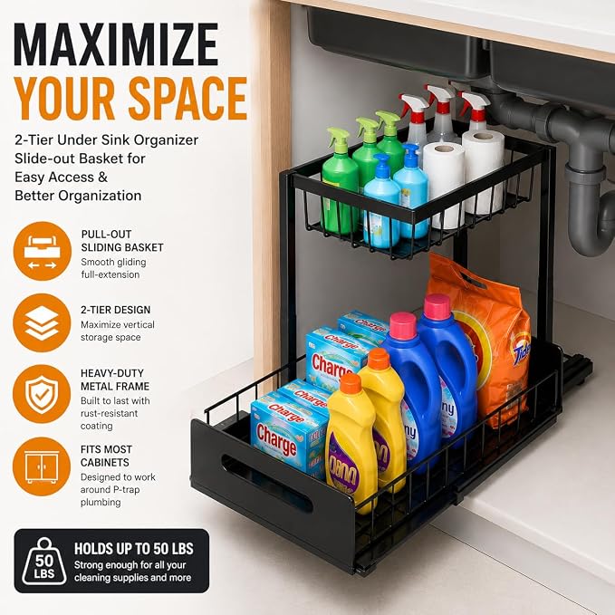 Highline Supply Under Sink Organizer, Kitchen Pantry Bathroom Organization | 2-Pack Organizer, Sliding Pull-Out Cabinet Organizing Rack, Metal Made for Durability, Black - Image 5