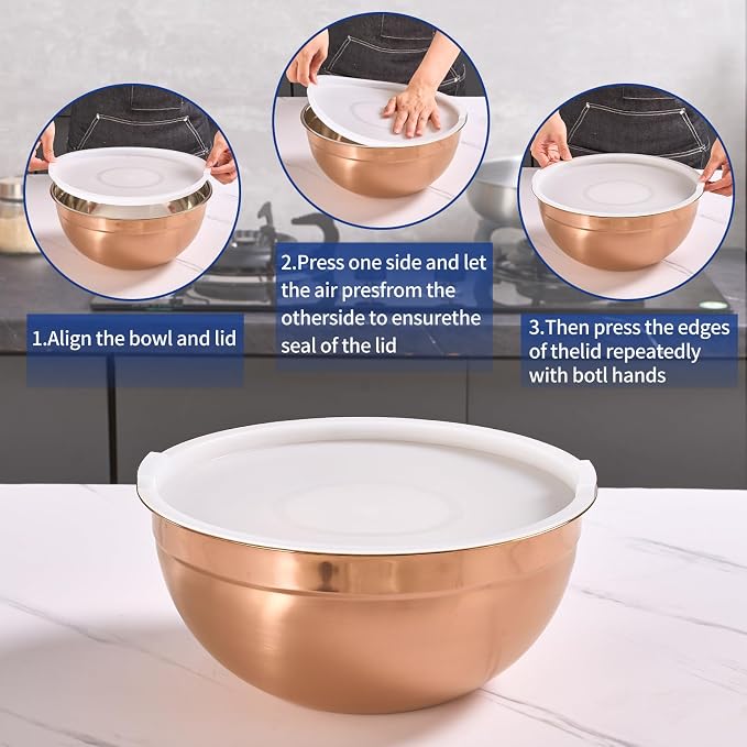 Rose Gold Mixing Bowls with Airtight Lids, Stainless Steel Nesting Mixing Bowls Set of 7, Ideal for Baking, Prepping and Serving Food, Size 7, 3.6, 2.7, 2.1, 1.5, 1.1,0.8 QT, Stackable Design - Image 3