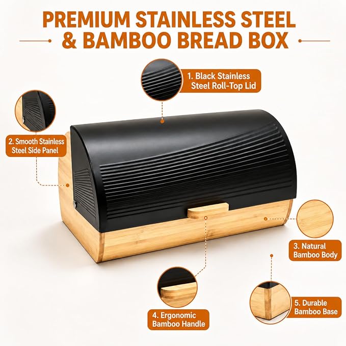 Bread Box for Kitchen Countertop, Large Bread Storage Container with Bamboo Base and Black Roll Top Lid, Modern Bread Holder for Loaves, Bagels, Pastries and More - Image 5