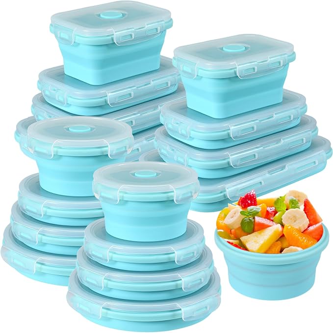 Yaomiao 16 Pack Collapsible Food Storage Containers with Lid Air Vent Foldable 8 Rectangle Storage Bowl and 8 Round Silicone Food Bow for Lunch Camping Rv Accessories Microwave Freezer(Blue) by Yaomiao