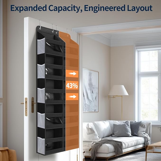 Yecaye 5-Tier Over The Door Organizer Dual-Column, 80lbs Load Over the Door Storage of 10 Compartments, Heavy Duty Door Organizer Hanging for Bedroom Closet Nursery Bathroom Pantry, Black, 2 Pack - Image 3