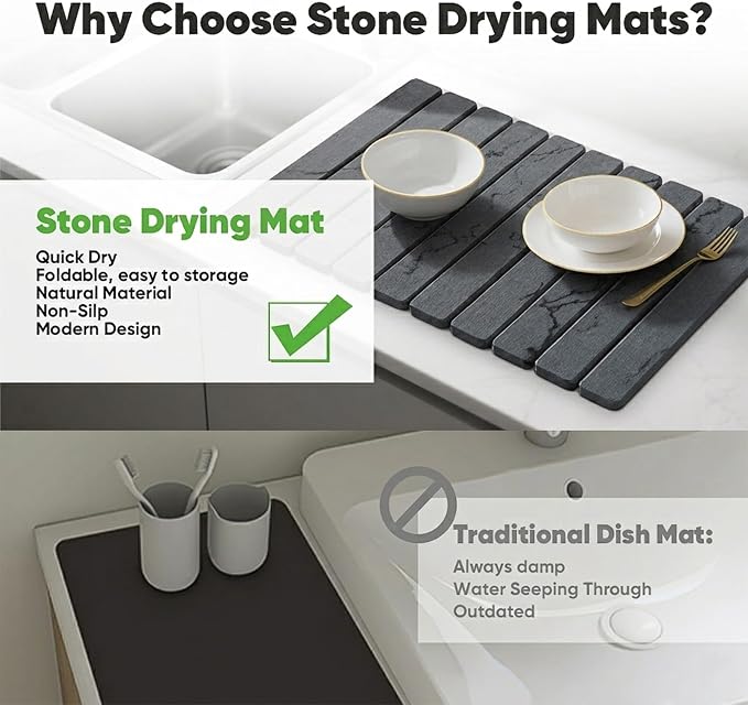 Stone Drying Mat for Kitchen Counter, Quick Diatomaceous Earth Mats for Dishes, 24"L x 16" W Super Absorbent Fast-Drying Collapsible Countertop Stone Mat (Marble Grey, 24" x 16") - Image 5
