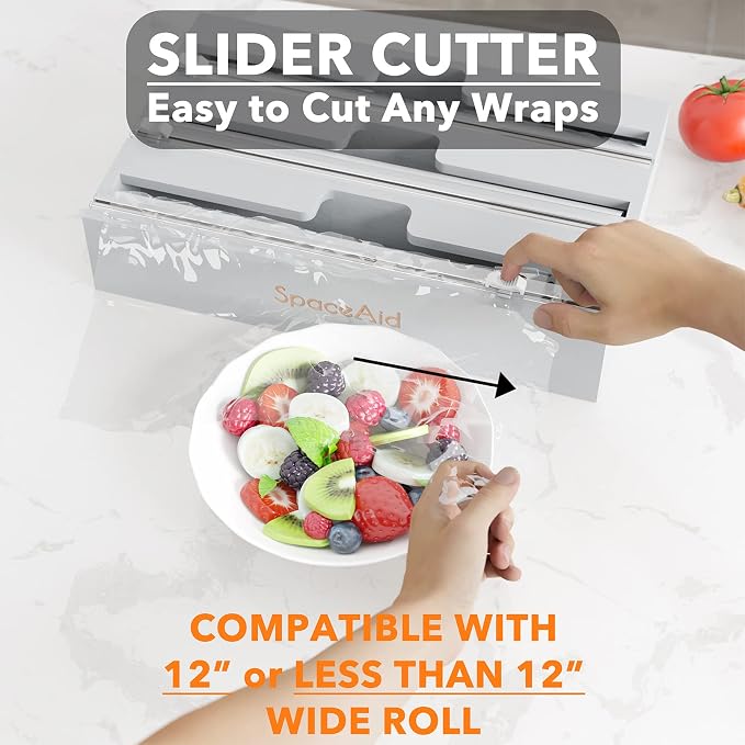 SpaceAid WrapNeat 3 in 1 Wrap Organizer with Cutter and Labels, Plastic Wrap, Aluminum Foil and Wax Bamboo Dispenser for Kitchen Storage Organization Holder for 12" Roll (Gray) - Image 5