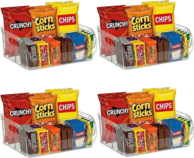 4 Pack Large Snack Organizer for Countertop, Clear Snack Storage Bin | 13.7"×9.3"×6" for Kitchen Pantry, 6 Compartment Plastic Snack Bar with Dividers for Cabinet, Chip Packet Holder for Office by Unknown