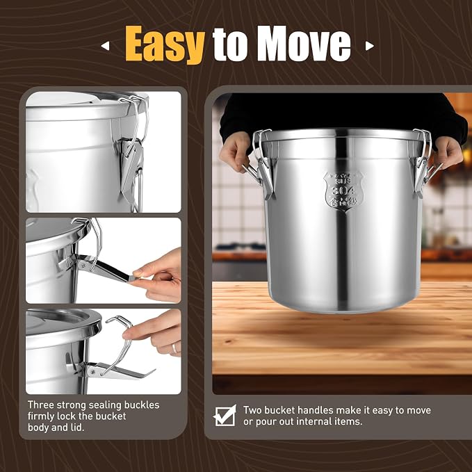 DYNAMI 8.7Gal 304 Stainless Steel Airtight Container with Lid and Locking Clamp,28-60Lbs Metal Bucket Large Food Storage Container Stainless Steel Milk Can,for Rice, Flour,Oil,Soup(33L) - Image 3